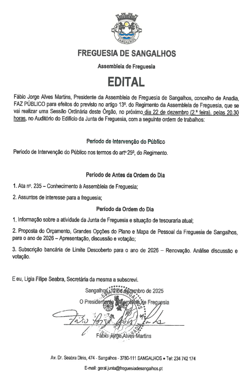 Imagem Assembleia de Freguesia - Reunião Ordinária de Dezembro
