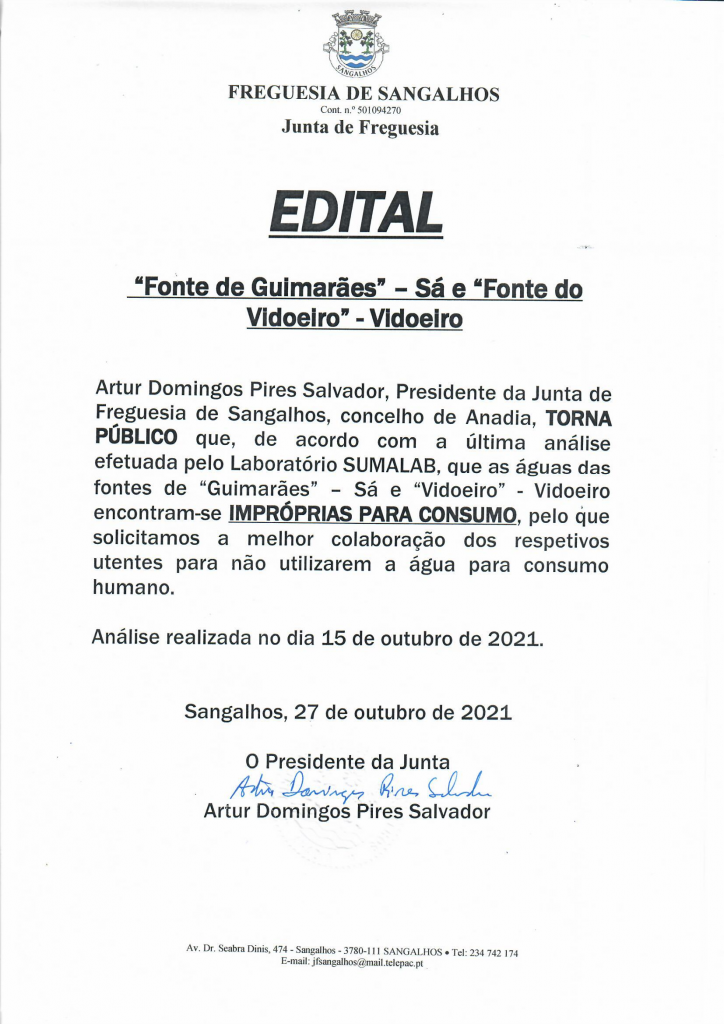 Imagem EDITAL - ANÁLISE DA ÁGUA DAS FONTES DE GUIMARÃES E VIDOEIRO